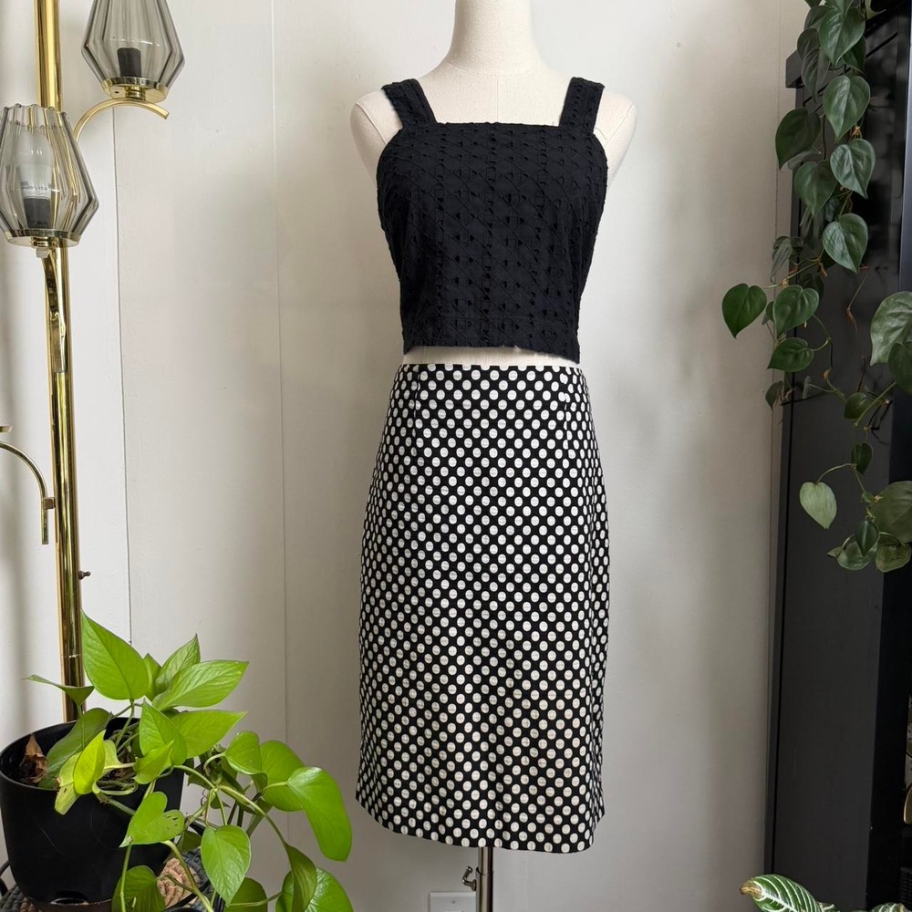 Chicos Polka Dot Pencil Skirt Black White Side Zip Textured Cotton Size 1 8